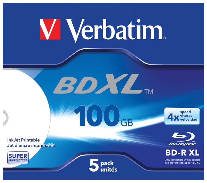 BD-R XL 100 GB* 4x, mit Tintenstrahldrucker großflächig bedruckbar, Jewel Case, 5er-Pack 
