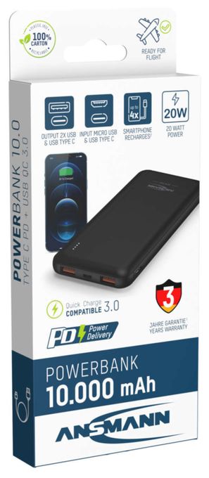 10000 mAh Powerbank Micro-USB + USB Type-C  PB320PD (Schwarz) 