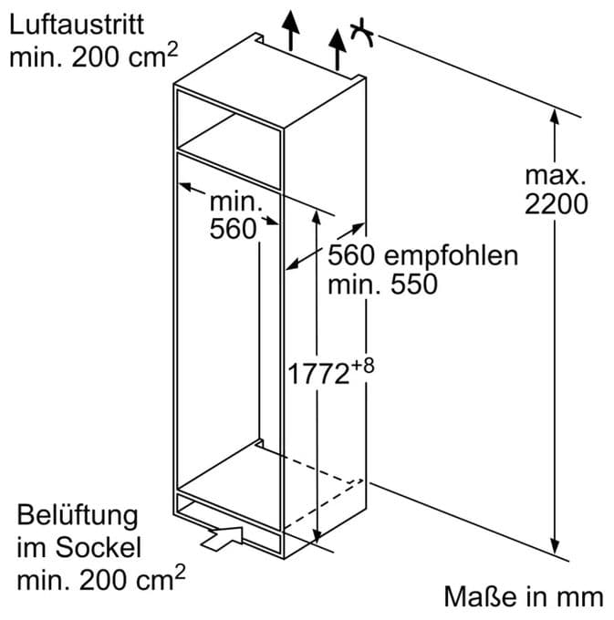 310 l 177,5 cm Einbaukühlschrank EEK: E 114 kWh Jahr Serie 2 KIR81NSE0 Schlepptür 