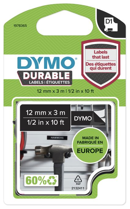DYMO Original D1 Hochleistungs-Etikettenband | weiß auf schwarz | 12 mm x 3 m | permanent haftendes Vinyl- Schriftband | für LabelManager-Beschriftungsgerät 