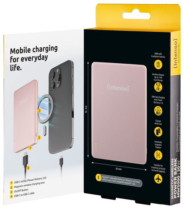 MW5000 Magnetische Powerbank 5000 mAh – MagSafe kompatibel, Wireless Charging 15W, USB-C PD 20W, Flach & Kompakt – Geprüft in Deutschland – Rosé 
