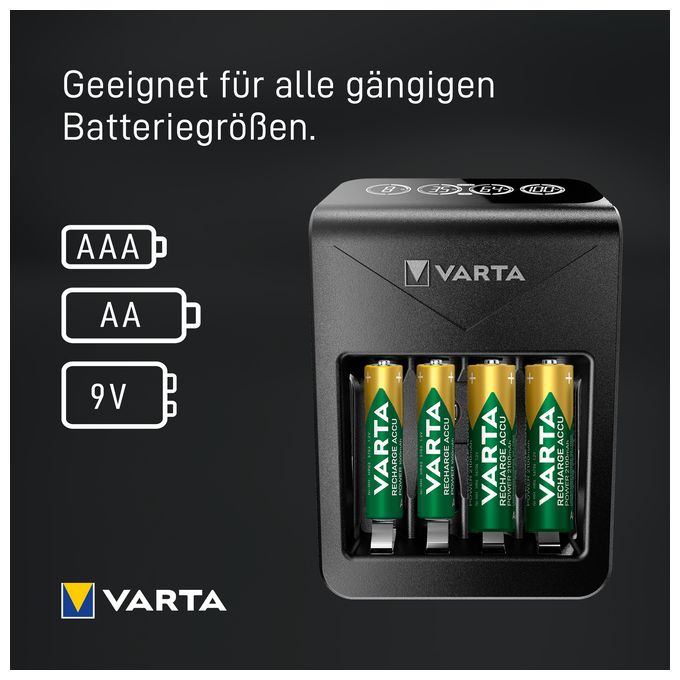 Akku Ladegerät, inkl. 4X AA 2100mAh, Batterieladegerät für wiederaufladbare AA/AAA/9V und USB Geräte, LCD Plug Charger+, Einzelschachtladung 