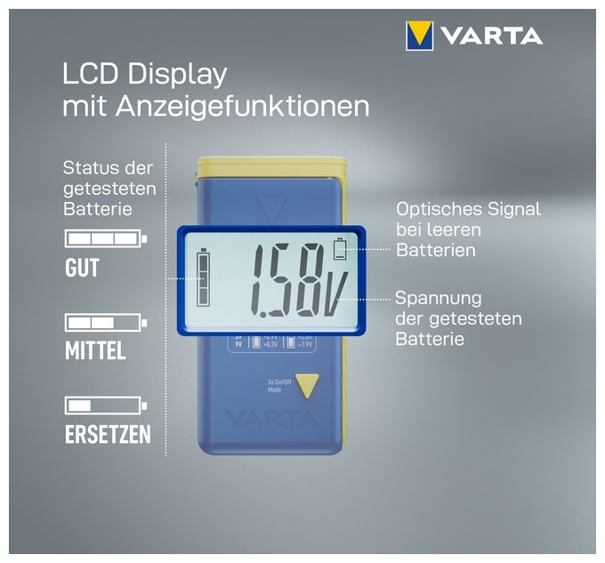 Batterietester LCD Digital für Batterien, Akkus und Knopfzellen, Testgerät für alle wichtigen Batteriegrößen (AA, AAA, C, D, 9V) inkl. 2x V13GA (LR44) 