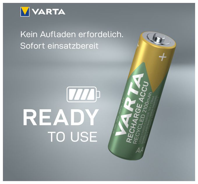 Recharge Accu Recycled AA 2100 mAh 4er-Pack (vorbeladener NiMH-Akku, Mignon, 25 % recyceltes Material, wiederaufladbarer Akku, sofort einsatzbereit) 