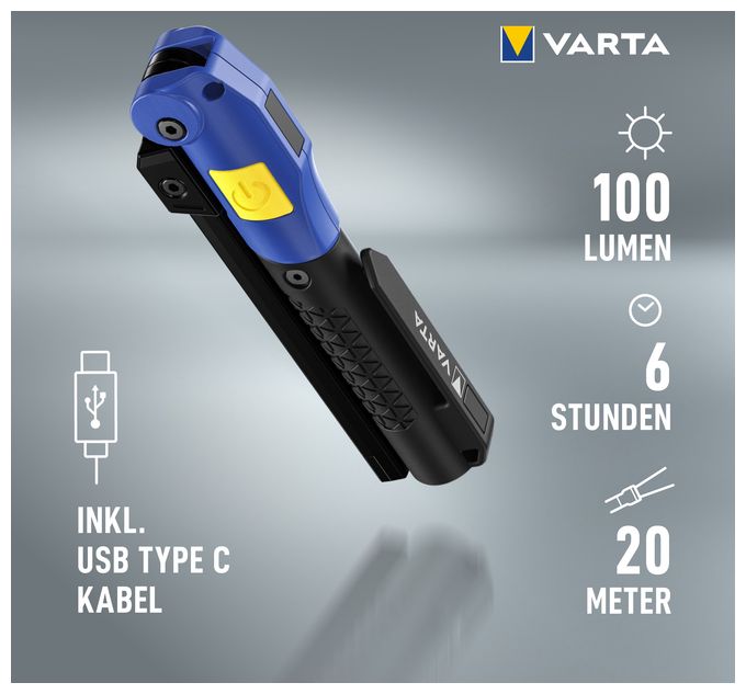 Taschenlampe, Werkstattlampe wiederaufladbar, Work Flex Multifunction Light F20R Arbeitsleuchte inkl. UBS Typ C Kabel, 180° faltbares Design, Magnet & Clip, spritzwasser- und staubgeschützt 