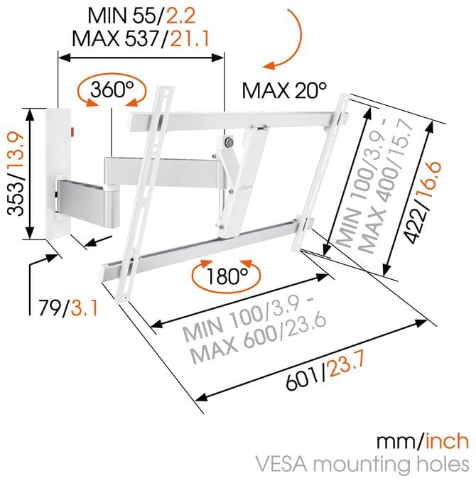 Wand Halterung 360° 180° bis 165,1 cm (65") 30 kg 0 - 20° Wall 2345 