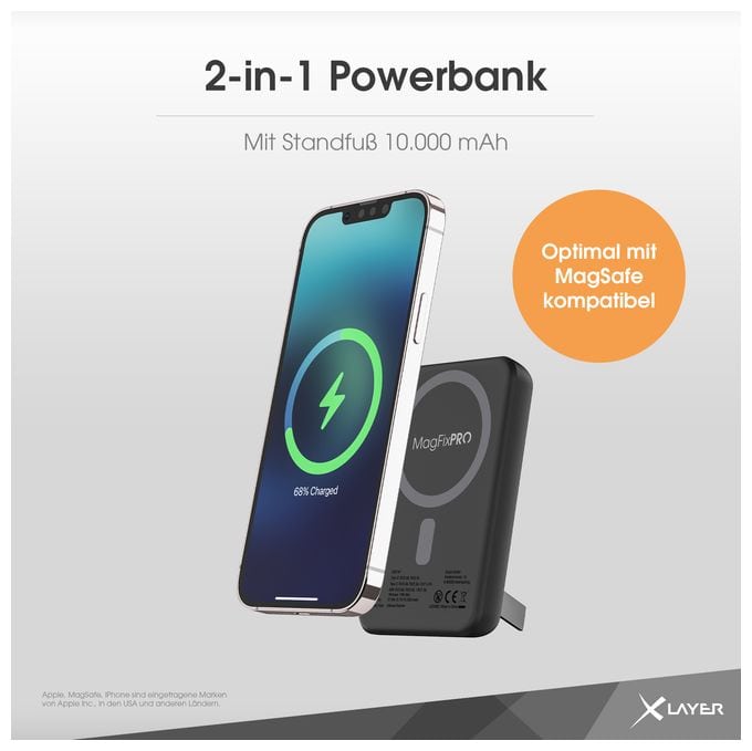 10000 mAh Powerbank USB Typ-C Kabelloses Laden  MagFix Pro 2 (Schwarz) 