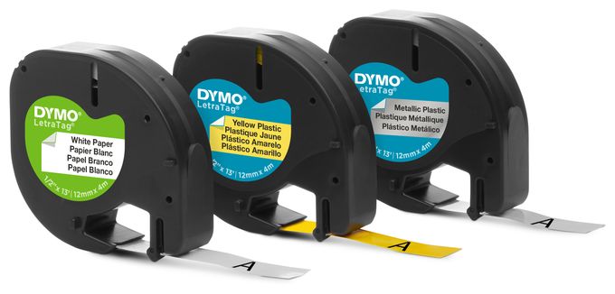 DYMO Original LetraTag Etikettenband | Papier/Kunststoff/Metall | 12 mm x 4 m | selbstklebendes Etiketten | für LetraTag-Beschriftungsgerät | 3 Etikettenkassetten 