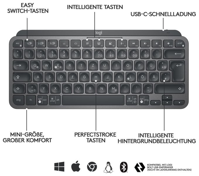 LED Büro Tastatur RF Wireless + Bluetooth 2.4 GHz  MX Keys Mini Minimalist (Graphit) 
