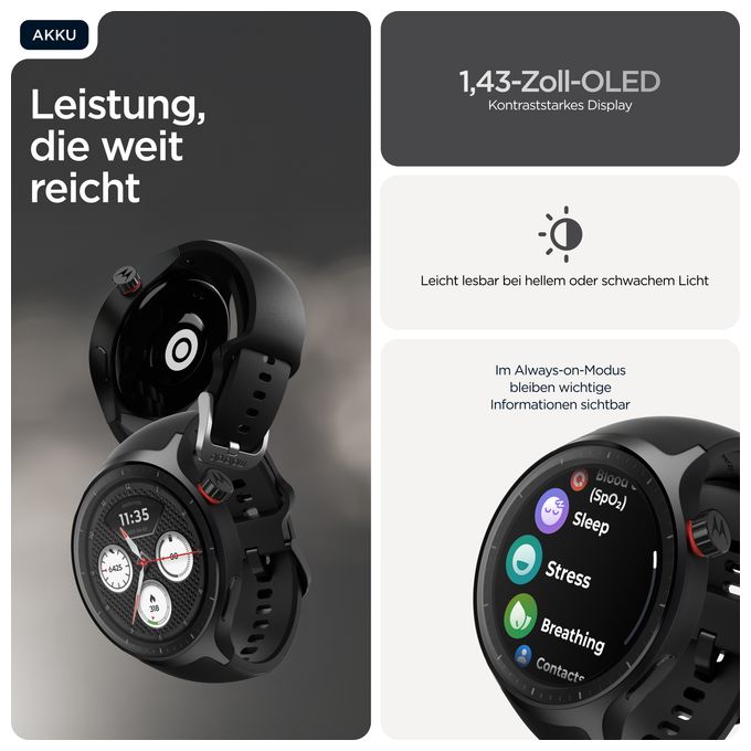Digital 47 mm Smartwatch Rund IP68  Moto Watch (Schwarz) 
