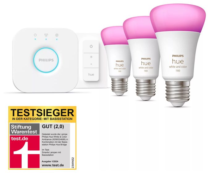 LED Set für intelligente Beleuchtung Hue White and Color Ambiance Starterset 3xE27 + Bridge + 1 Dimmschalter 