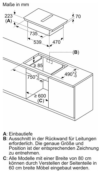 80 cm Induktionskochfeld 4 Kochzonen mit integriertem Dunstabzug iQ500 ED87BHGA6 (ED87BHQ26E + HZ9VDSB4) autarkes 