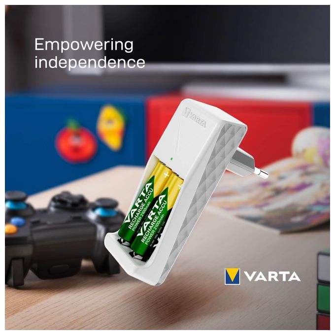 Akku Ladegerät, inkl. 2X AA 2100mAh, Batterieladegerät für wiederaufladbare Batterien, lädt 2 AA/AAA gleichzeitig, Mini Charger, weiß 