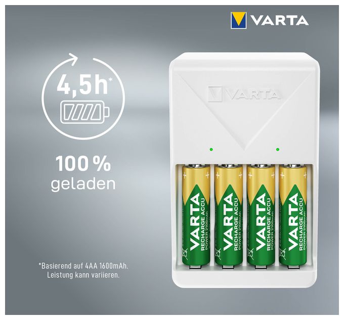 Akku Ladegerät, inkl. 4X AA 2100mAh, Batterieladegerät für wiederaufladbare Batterien, lädt 2 oder 4 AA/AAA gleichzeitig, Plug Charger, weiß 
