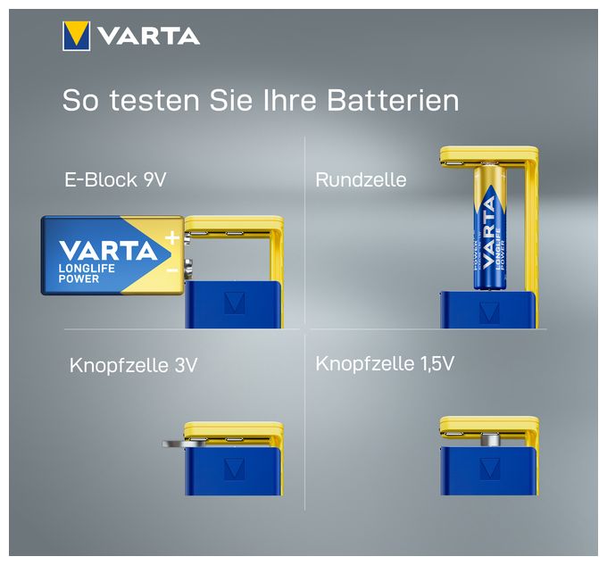 Batterietester LCD Digital für Batterien, Akkus und Knopfzellen, Testgerät für alle wichtigen Batteriegrößen (AA, AAA, C, D, 9V) inkl. 2x V13GA (LR44) 