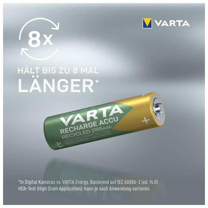 Recharge Accu Recycled AA 2100 mAh 4er-Pack (vorbeladener NiMH-Akku, Mignon, 25 % recyceltes Material, wiederaufladbarer Akku, sofort einsatzbereit) 