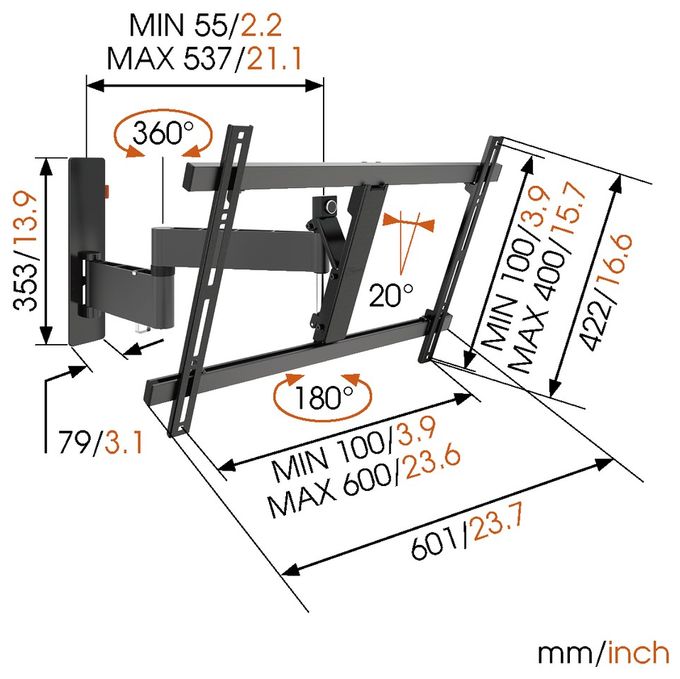 Wand Halterung 180° bis 165,1 cm (65") 30 kg 0 - 20° Wall 2345 