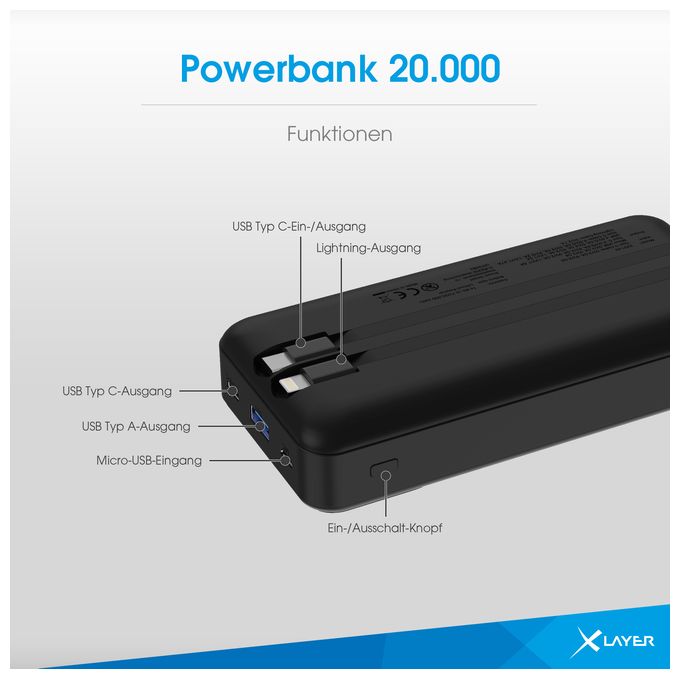 20000 mAh Powerbank Mikro-USB  220140 (Schwarz) 