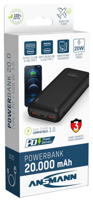 20000 mAh Powerbank Micro-USB + USB Type-C  PB320PD (Schwarz) 