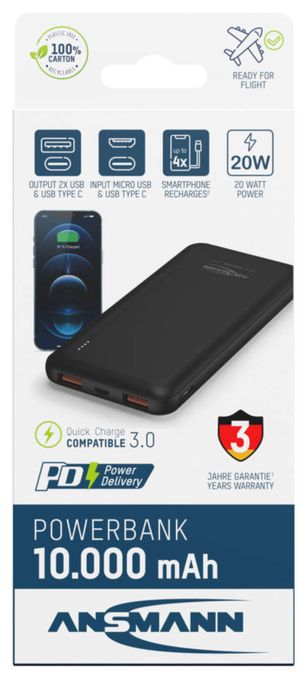 10000 mAh Powerbank Micro-USB + USB Type-C  PB320PD (Schwarz) 