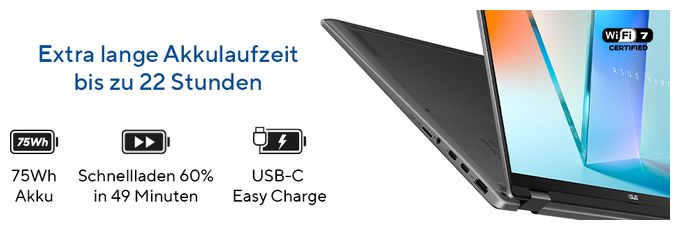 WUXGA Notebook 40,6 cm (16 Zoll) 1920 x 1200 Pixel 512 GB SSD Windows 11 Home Intel Core Ultra 7 max. 4,8 GHz  Vivobook Flip TP3607SA-SI716W Copilot+ PC (Grau) 