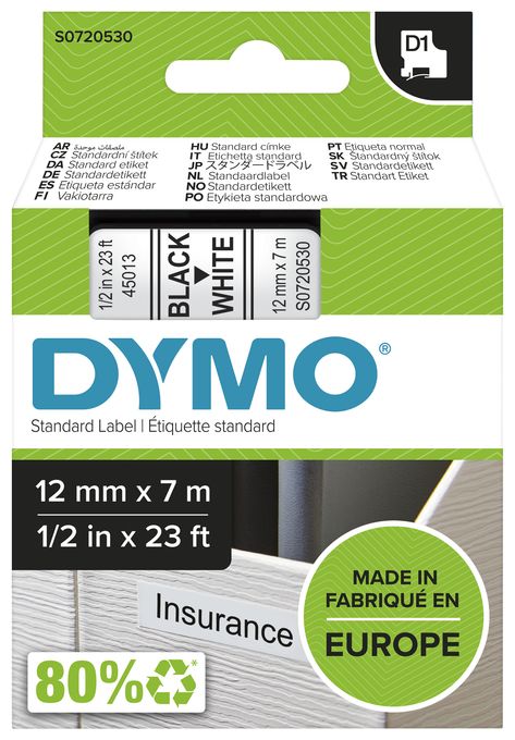 DYMO Original D1-Etikettenband | schwarz auf weiß | 12 mm x 7 m | selbstklebendes Schriftband| für LabelManager-Beschriftungsgerät 
