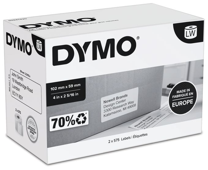 DYMO Original LabelWriter Versand/Namensschild-Etiketten | 102 mm x 59 mm | 2 Rollen mit je 575 leicht ablösbaren Etiketten (1.150 Etiketten) | für LabelWriter 4XL/5XL Etikettendrucker 