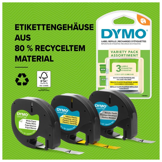 DYMO Original LetraTag Etikettenband| schwarz auf weiß | 12 mm x 4 m | selbstklebendes Kunststoff Schriftband | für LetraTag-Beschriftungsgerät 