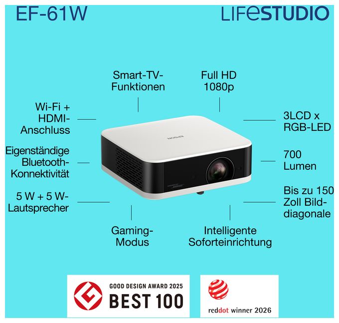 1080p (1920x1080) 3LCD LED Standard Throw-Projektor 700 ANSI Lumen  EF-61 Lifestudio Pop (Weiß) 