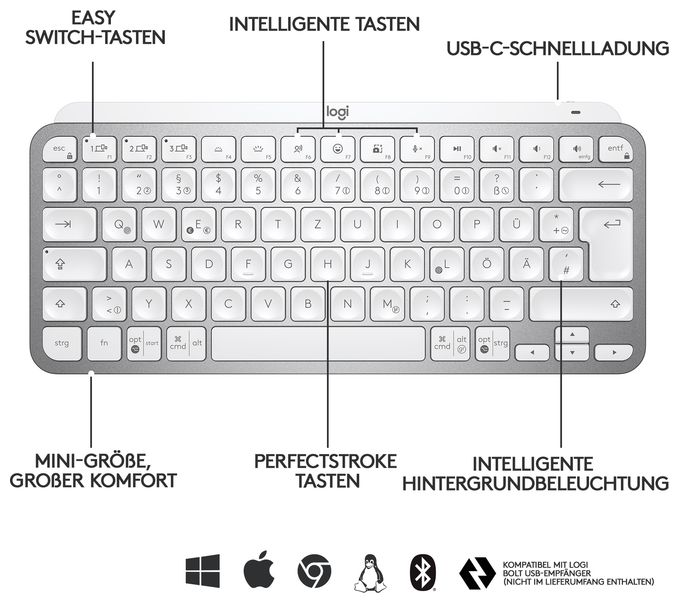 LED Büro Tastatur RF Wireless + Bluetooth 2.4 GHz  MX Keys Mini Minimalist (Grau) 