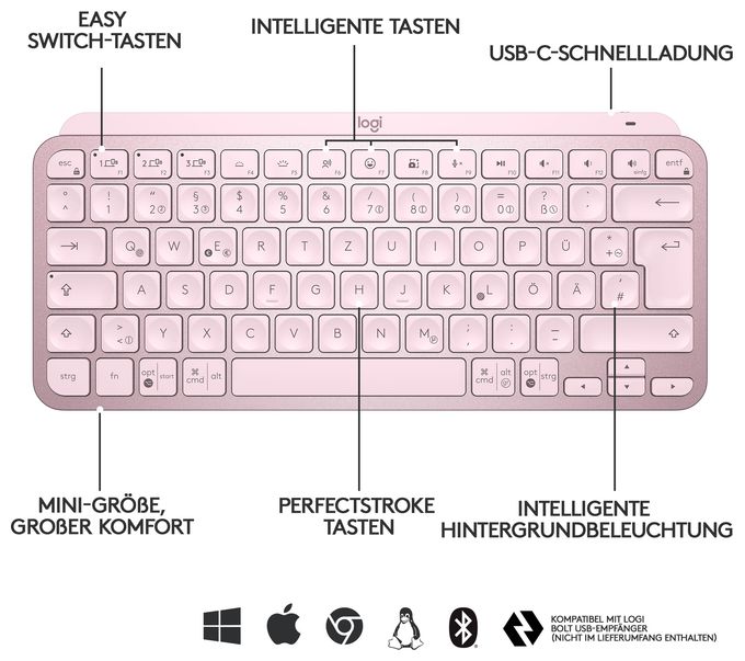 LED Büro Tastatur RF Wireless + Bluetooth 2.4 GHz  MX Keys Mini Minimalist (Rose) 