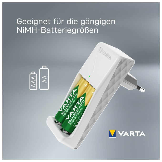 Akku Ladegerät, inkl. 2X AA 2100mAh, Batterieladegerät für wiederaufladbare Batterien, lädt 2 AA/AAA gleichzeitig, Mini Charger, weiß 