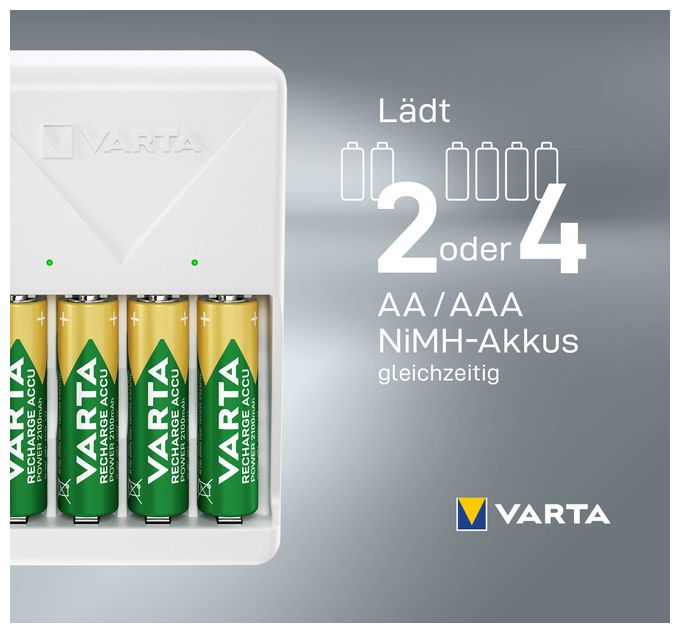 Akku Ladegerät, inkl. 4X AA 2100mAh, Batterieladegerät für wiederaufladbare Batterien, lädt 2 oder 4 AA/AAA gleichzeitig, Plug Charger, weiß 