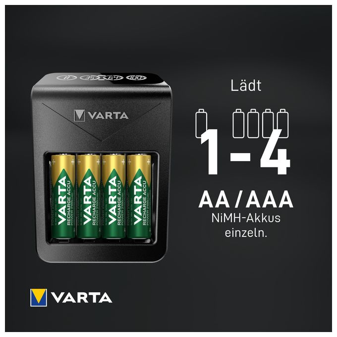 Akku Ladegerät, inkl. 4X AA 2100mAh, Batterieladegerät für wiederaufladbare AA/AAA/9V und USB Geräte, LCD Plug Charger+, Einzelschachtladung 