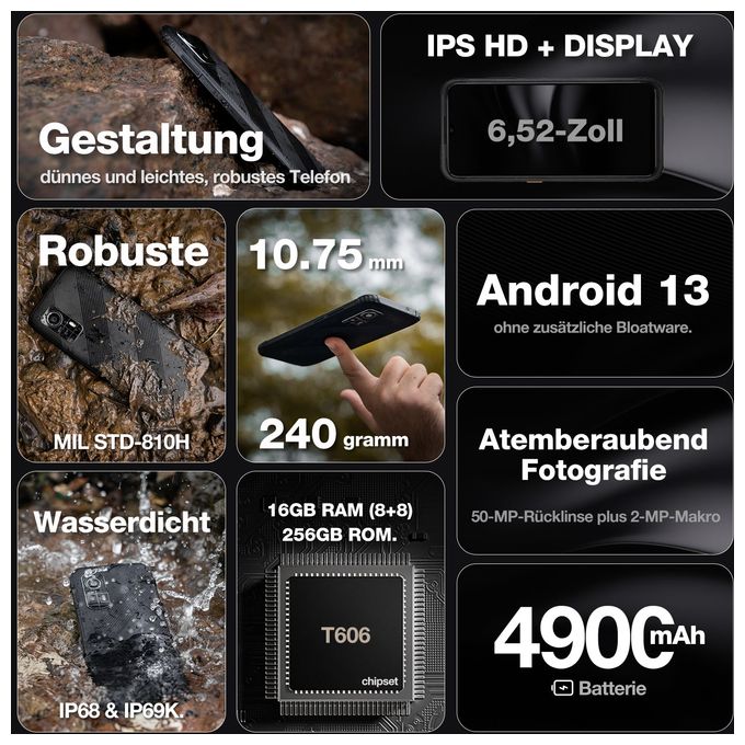256 GB 4G Smartphone 16,7 cm (6.5 Zoll) 1,6 GHz Android 50 MP Dual Kamera Dual Sim WiFi 5  H6 (Schwarz) 