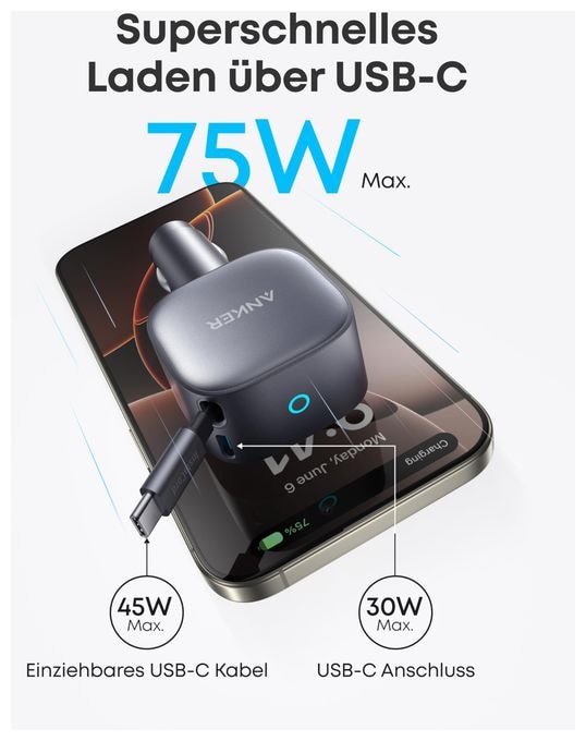 Nano Kfz-Ladegerät (75W, USB-C Port, Integriertes einziehbares USB-C Kabel) 