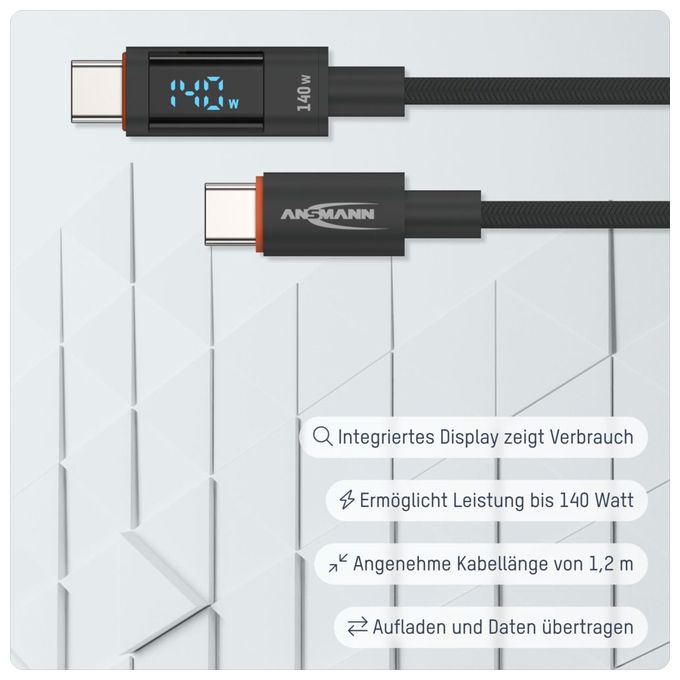 0,48 Gbit/s Stecker Rundkabel USB C auf USB C bis 140 W 1,2 m  1700-0176 (Anthrazit) 