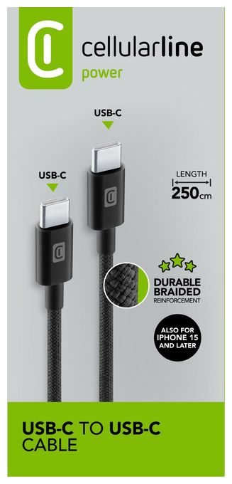 Stecker Rundkabel USB C auf USB C bis 60 W 2,5 m  Braided Data Cable (Schwarz) 
