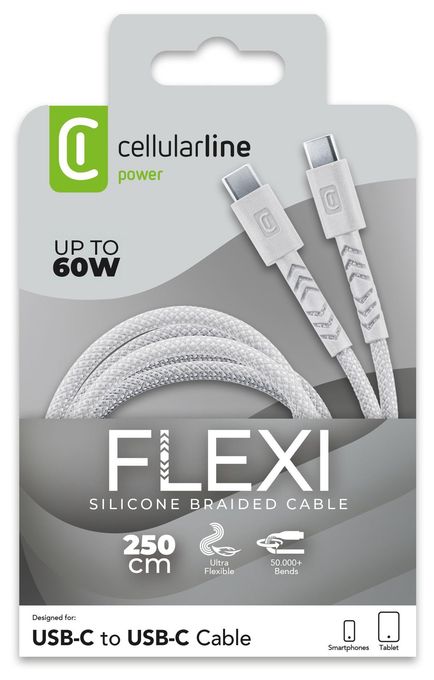 Stecker USB C auf USB C bis 60 W 2,5 m  Flexi Braided Data Cable (Weiß) 