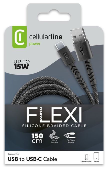Stecker USB A auf USB C bis 15 W 1,5 m  Flexi Braided Data Cable (Schwarz) 