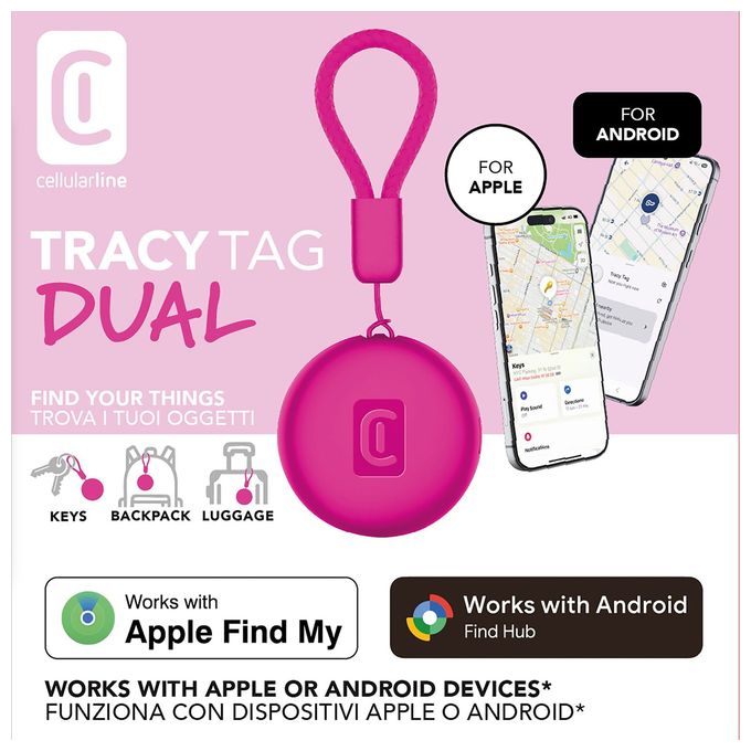Apple’s Find My app, Google’s Find Hub app  Tracy Tag Dual (Pink) 