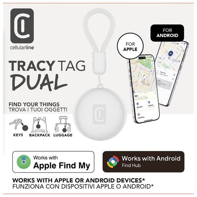 Apple’s Find My app, Google’s Find Hub app  Tracy Tag Dual (Weiß) 