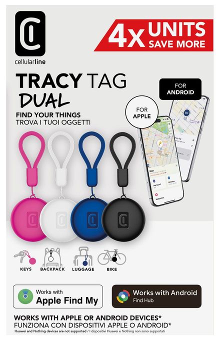 Apple’s Find My app, Google’s Find Hub app  Tracy Tag Dual 4er Pack (Mehrfarbig) 