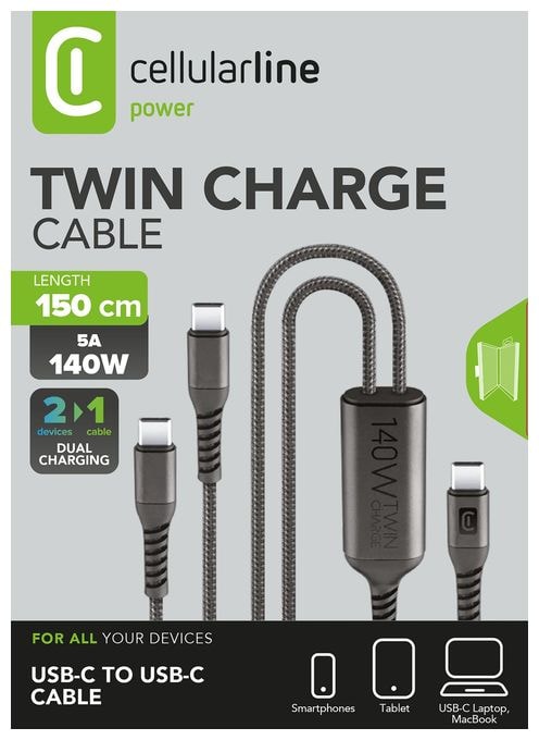 Stecker Rundkabel USB C auf 2 x USB C bis 120 W 1,5 m  Twin Charge Cable (Schwarz) 