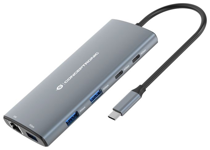 DONN06G 10-in-1 USB 3.2 Gen 1 Dockingstation, HDMI, 100W USB PD, USB-C 5Gbps x 2, USB-A 5Gbps x 3, SD, TF/MicroSD, GbE 