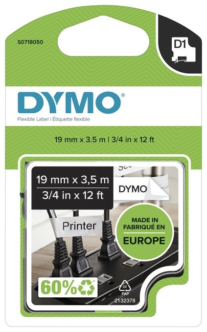 DYMO Original D1 Hochleistungs-Etikettenband | schwarz auf weiß |19 mm x 3,5 m | permanent haftendes Nylon- Schriftband | für LabelManager-Beschriftungsgerät 