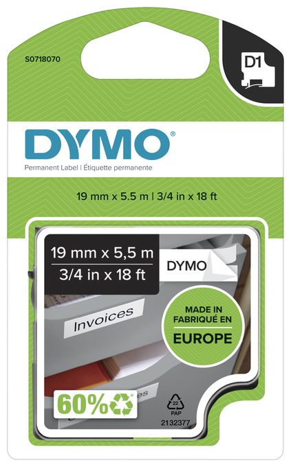 DYMO Original D1 Hochleistungs-Etikettenband | schwarz auf weiß |19 mm x 5,5 m | permanent haftendes Polyester-Schriftband | für LabelManager-Beschriftungsgerät 