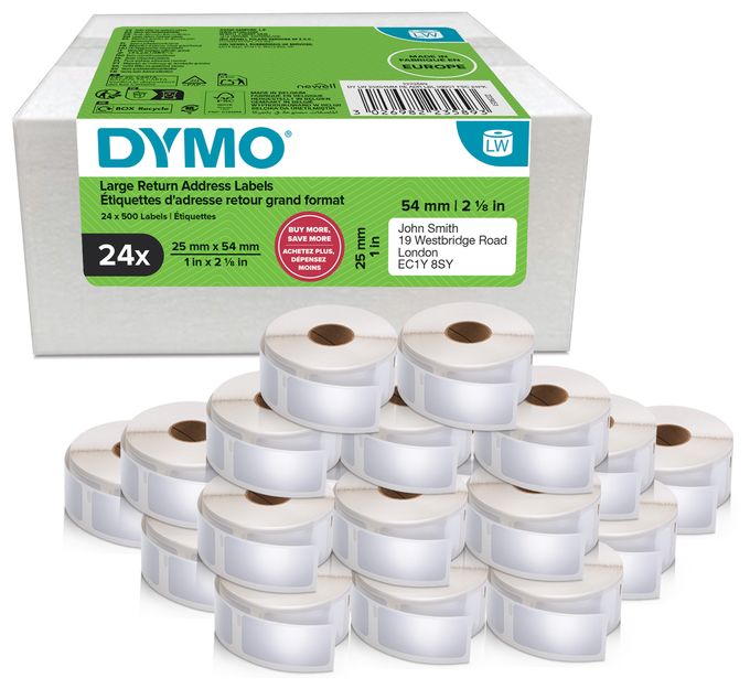 DYMO Original LabelWriter Rücksendeadressetiketten | 25mm x 54mm | 24 Rollen mit je 500 leicht ablösbaren Etiketten (12.000 Stück) | selbstklebend | Beschriftungsgerät für LabelWriter Etikettendrucker 