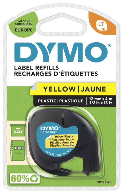 DYMO Original LetraTag Etikettenband | schwarz auf gelb | 12 mm x 4 m | selbstklebendes Kunststoffetiketten | für LetraTag-Beschriftungsgerät 