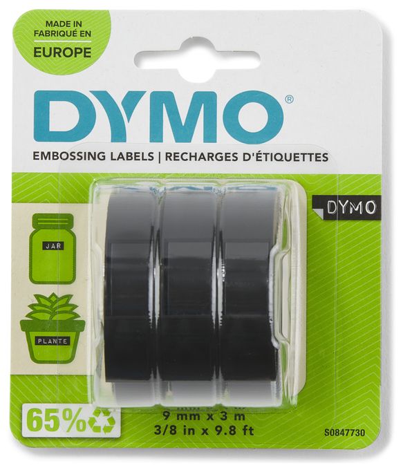 DYMO Original Prägeband | 3D weiß auf schwarz | 9 mm x 3 m | selbstklebendes Kunststoff Etikettenband | für Junior & Omega Beschriftungsgerät | 3 Prägebänder 